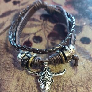 Brown Leather Multi-Strand Men’s Bracelet with Bull Skull Charm